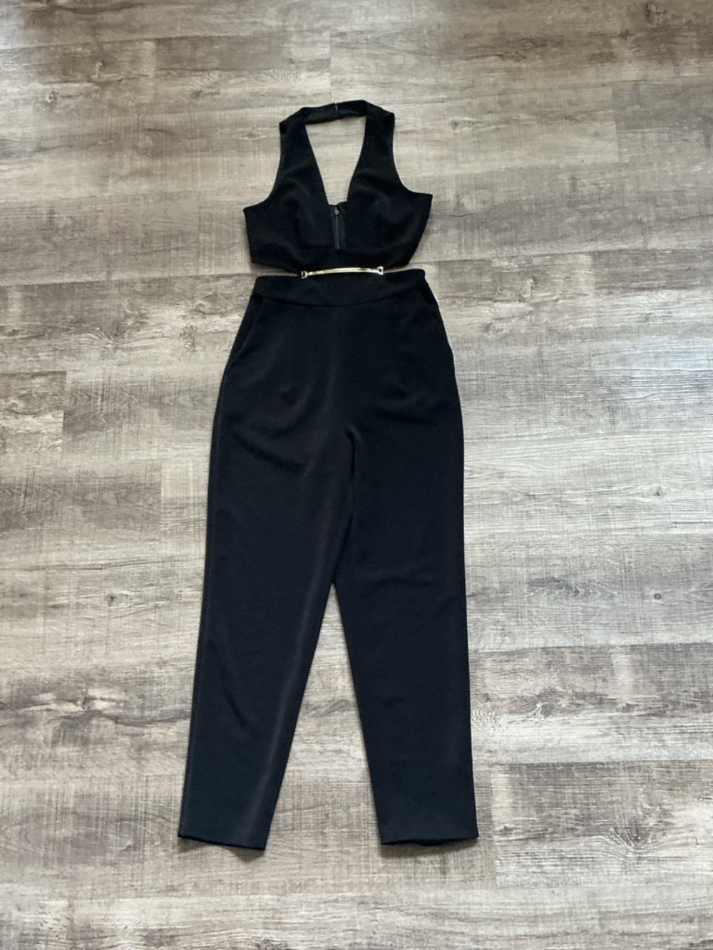 Express Black Two-Piece Jumpsuit with Cropped cut out gold accent Halter Top